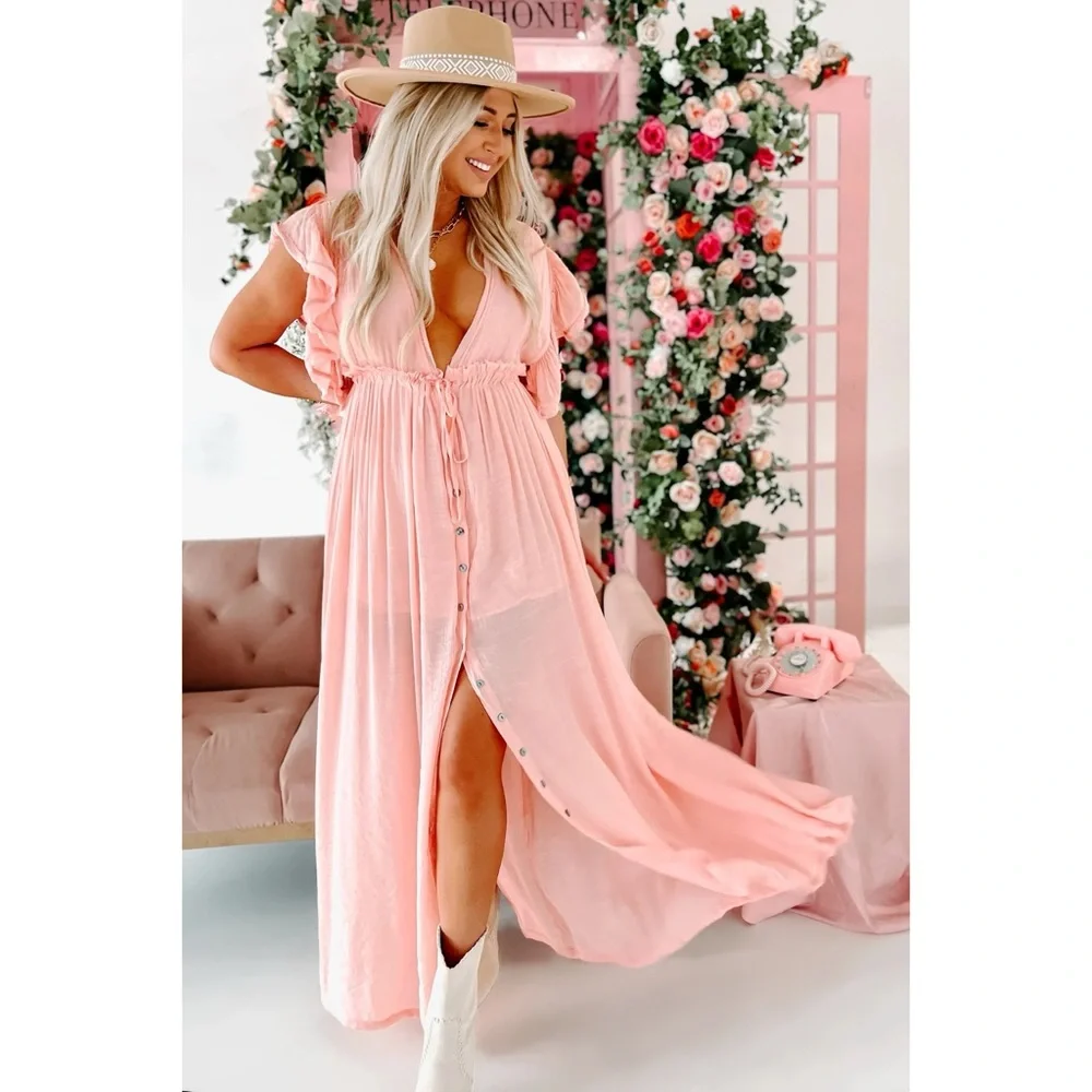 Peach Love California | Dresses | Peach Love Pink Peach Deep V Button ...